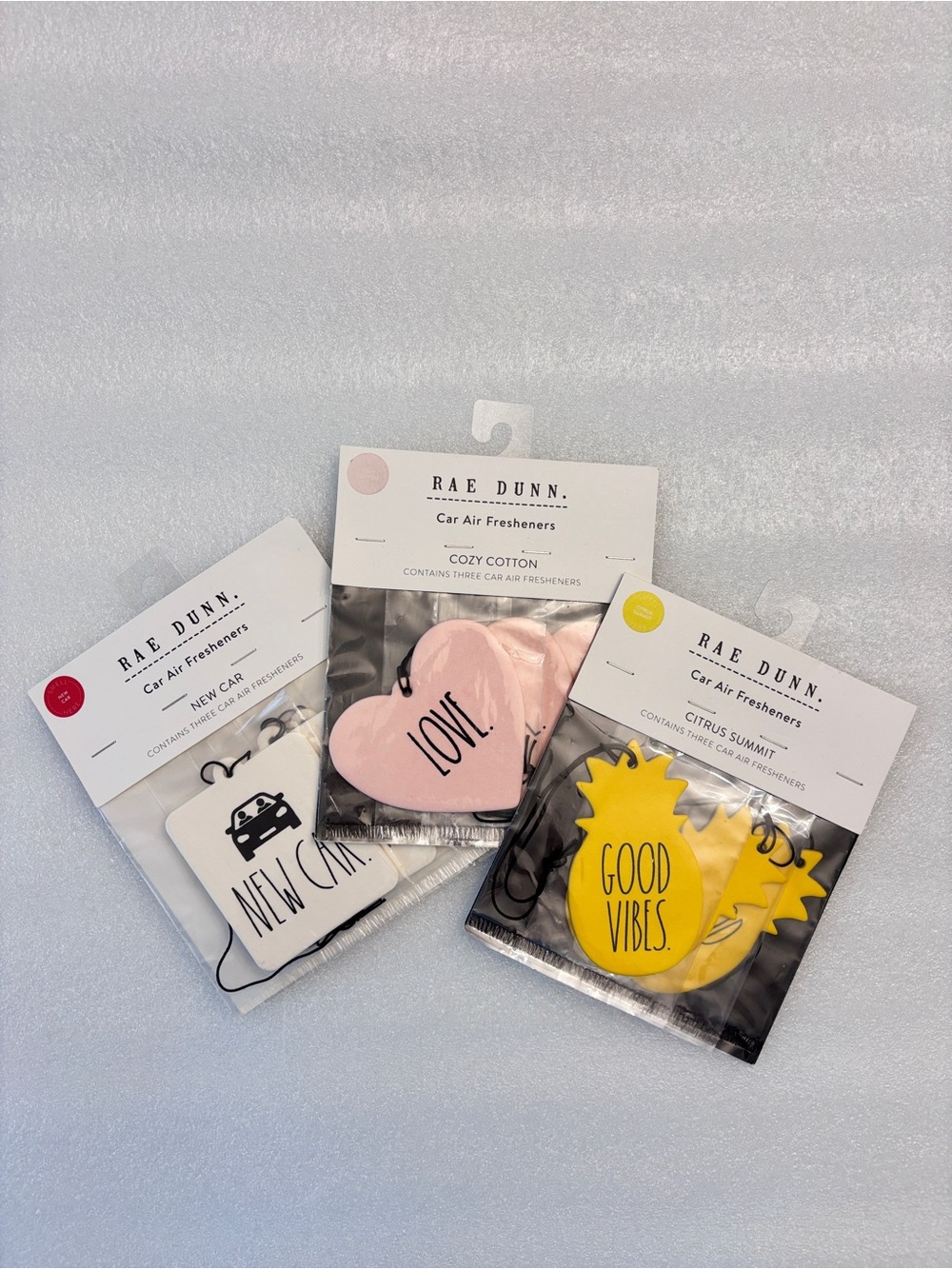 9 Rae Dunn Car Air Fresheners - New Car, Cozy Cotton, Citrus Summit